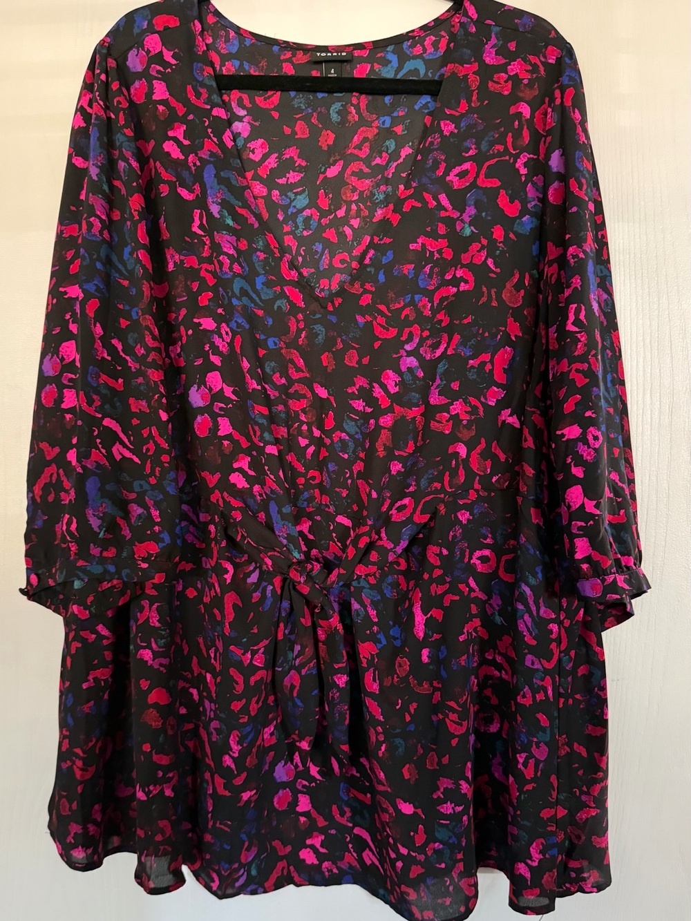 Torrid  Black Long-Sleeve Tie-Front Tunic with Pink & Blue Print